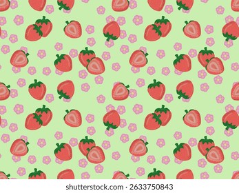 Repeating pattern of strawberries and flowers on green background. Pattern with fresh and attractive look, suitable for designs such as textiles, wrapping paper, wallpaper, or digital designs.