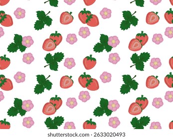 Repeating pattern of strawberries, flowers and strawberry leaves on white background. Whole red strawberries and halved ones. Regular pattern, creating an interesting textile or wallpaper design