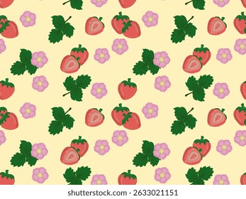 Repeating pattern of strawberries, flowers and strawberry leaves on yellow background. Whole red strawberries and halved ones. Regular pattern, creating an interesting textile or wallpaper design