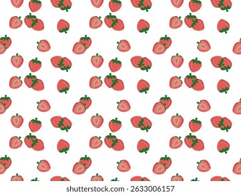 Repeating pattern of strawberries on a white background. Strawberries are depicted whole and some are cut in half, exposing the inside. for use as a fabric design, wallpaper, or other graphic element.