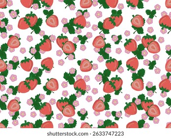 Repeating pattern of strawberries, strawberry slices, pink flowers, and green leaves, on white background. The pattern is arranged randomly but neatly, attractive design for fabric or wrapping paper