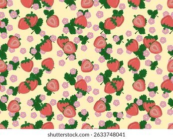 Repeating pattern of strawberries, strawberry slices, pink flowers, and green leaves, on yellow background. The pattern is arranged randomly but neatly, attractive design for fabric or wrapping paper