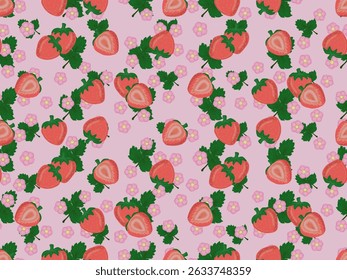 Padrão repetitivo de morangos, fatias de morango, flores cor-de-rosa e folhas verdes, em fundo rosa. O padrão é organizado aleatoriamente, mas perfeitamente, design atraente para tecido ou papel de embalagem