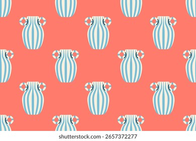 Repeating pattern of striped ceramic vases with handles on coral background