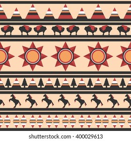 repeating pattern in stripes, native indian style with buffaloes and horses