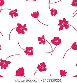 A repeating pattern  with stylised pink flowers with dark pink outlines on white backdrop. The simplistic yet cheerful design suitable for spring or summer fashion, crafting projects, or home decor.