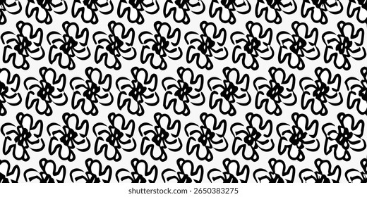 A repeating pattern of stylized, abstract flowers with bold black outlines and swirling, organic petal shapes against a stark white backdrop.