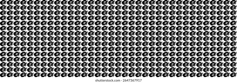 A repeating pattern of stylized black flowers with multiple petals and a central element on a white background. The flowers are arranged in a grid formation, 