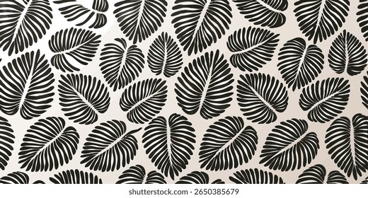 Um padrão repetido de folhas tropicais pretas estilizadas em um fundo bege claro. O design evoca uma sensação natural, orgânica com um contraste gráfico ousado.