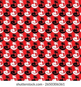 Repeating pattern of stylized black and white cats on a red field