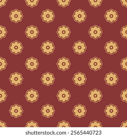 Repeating pattern with stylized blossoms in gold tones on a red background. A simple and elegant design perfect for decor.