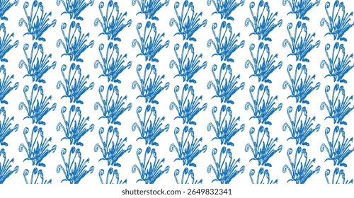 Um padrão repetitivo de desenhos florais estilizados e azuis em um fundo branco.  Cada desenho lembra uma planta com elementos espiralados e espiralados.