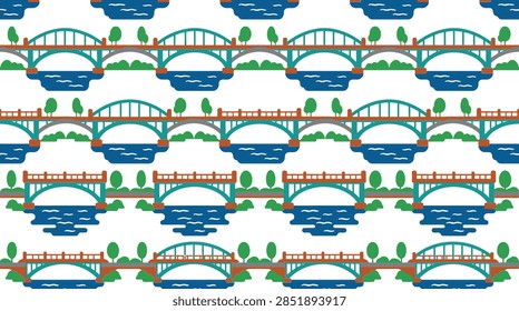 A repeating pattern of stylized bridges crossing blue water with green trees.