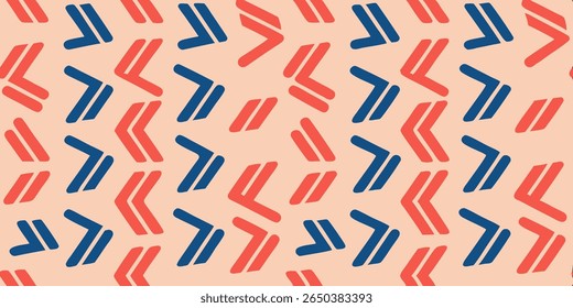 A repeating pattern of stylized chevron shapes in coral red and navy blue, arranged diagonally on a soft peach background. The design is simple and modern.