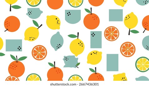 A repeating pattern of stylized citrus fruits and geometric shapes on a white background.