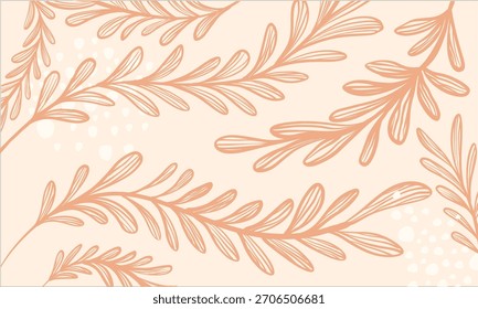 Um padrão repetitivo de ramos florais estilizados com folhas delicadas em um fundo bege macio. Formas pequenas e de cores claras estão espalhadas por toda parte.