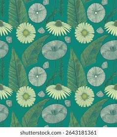 Repeating Pattern Of Stylized Floral And Leaf Elements In Shades Of Green And Off-White Against A Teal Background.