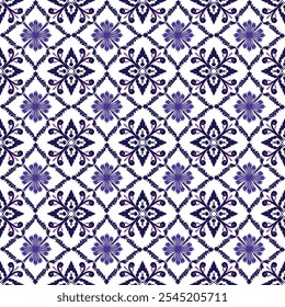 Un patrón repetitivo de motivos florales estilizados en azul y púrpura sobre un fondo blanco, que se asemeja a los azulejos decorativos.