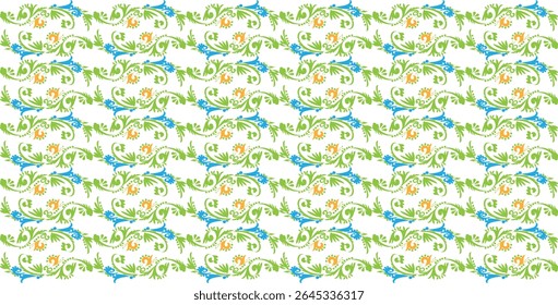 A repeating pattern of stylized floral scrolls and vines in vibrant greens, blues, and oranges on a white background.