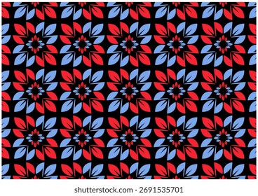 A repeating pattern of stylized floral shapes in red and blue against a black background.