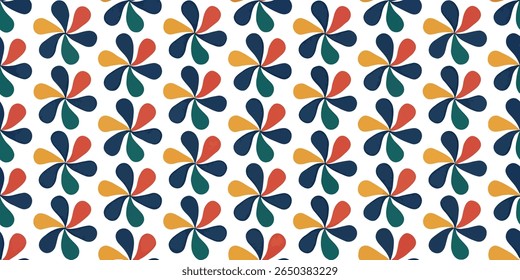 A repeating pattern of stylized flowers with five teardrop-shaped petals in a vibrant retro color palette of teal, orange, navy, and yellow.