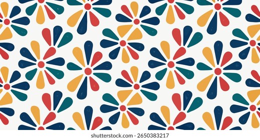 A repeating pattern of stylized flowers with rounded petals in teal, blue, yellow, and red, arranged on a clean white background, evoking a retro feel.