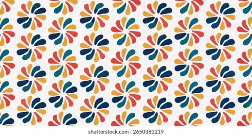 A repeating pattern of stylized flowers with rounded petals in teal, red, and mustard yellow, arranged on a clean white backdrop.