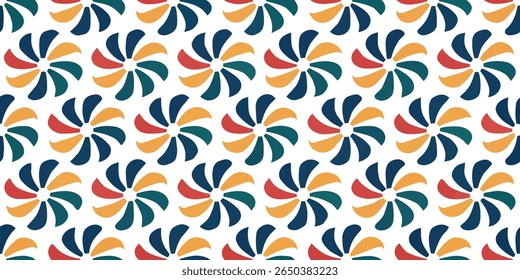 A repeating pattern of stylized flowers with swirling petals in a retro color palette of teal, orange, and red against a white background.