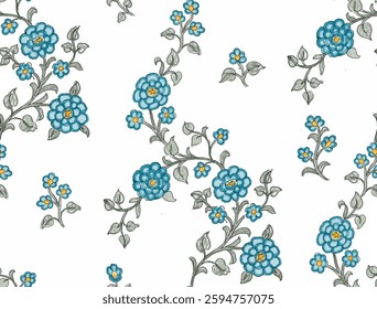 A repeating pattern of stylized flowers and vines on a white background. The flowers are in a red, green, blue, cyan, pink and yellow shading giving them a three dimensional look.