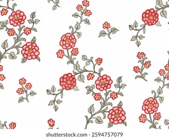 A repeating pattern of stylized flowers and vines on a white background. The flowers are in a red, green, blue, cyan, pink and yellow shading giving them a three dimensional look.