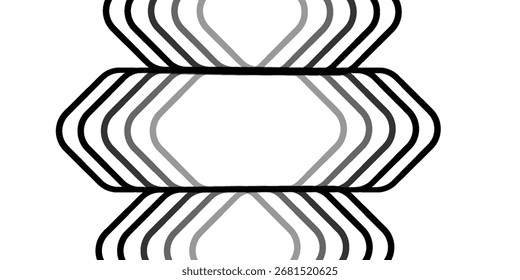 Um padrão repetitivo de formas geométricas estilizadas em tons de cinza e preto contra um plano de fundo branco. As formas são em camadas e simétricas.