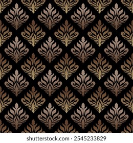  Un patrón repetitivo de motivos florales dorados estilizados sobre un fondo negro, creando un diseño elegante y vintage.