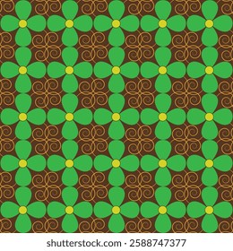 A repeating pattern of stylized green flowers with yellow centers, set against a dark brown background.