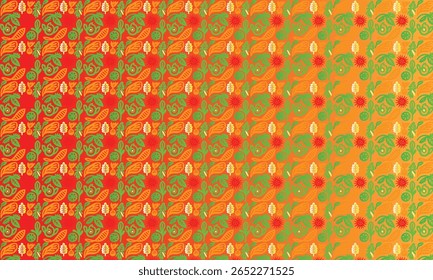 A repeating pattern of stylized green and red floral elements and leaves set against a warm orange to yellow gradient background, evoking a retro aesthetic.