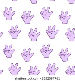 A repeating pattern of stylized hand gestures forming peace signs in soft purple tones. This design features a cheerful and playful aesthetic on a simple background.
