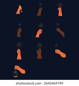 Repeating pattern of stylized hands holding various celebratory items, such as sparklers and champagne flutes,against a dark navy blue backgroundThe illustrations use flat colors and simple line work