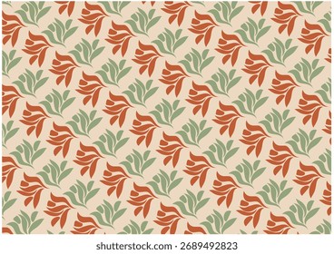Un patrón repetitivo de hojas estilizadas en verde y naranja sobre un fondo beige.