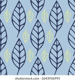 A repeating pattern of stylized leaves on a light blue background. Larger dark blue leaf outlines alternate with smaller light yellow or cream leaves. All leaves have simplified veins.