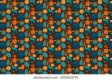 A repeating pattern of stylized leaves, organic shapes, and abstract elements in a warm autumnal color palette of deep brown, teal, and burnt orange.