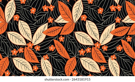 Padrão Repetido De Folhas Estilizadas Em Tons De Laranja E Creme Contra Um Fundo Escuro Com Linhas Brancas Finas.