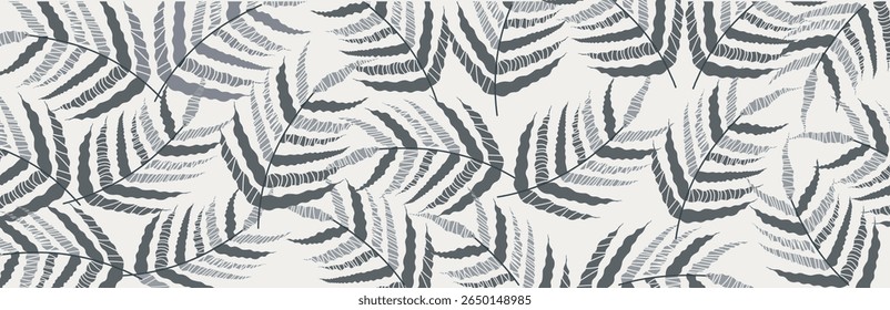 Repeating pattern of stylized monochrome fern leaves with abstract detailing, hand-drawn graphic style, on a light background. Vector illustration