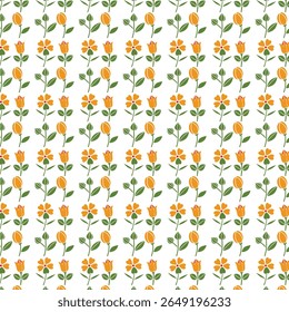 A repeating pattern of stylized orange tulips and flowers with green stems and leaves on a white background.