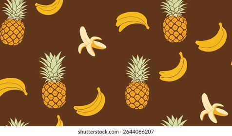 A repeating pattern of stylized pineapples and bananas, some peeled, on a brown background. The pineapples are orange and green, the bananas are yellow.