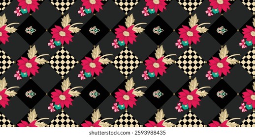 A repeating pattern of stylized pink flowers with green leaves and beige accents, set against alternating black and checkered diamond shapes, ideal for wallpaper, textile, gift wrapping.