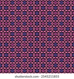 A repeating pattern of stylized pink and purple flowers arranged in a geometric lattice on a black background.