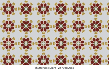 A repeating pattern of stylized red flowers with gold leaves on a light gray background.