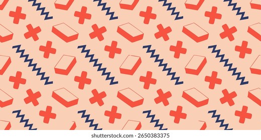 A repeating pattern of stylized red plus signs and isometric 3D rectangles, interspersed with a diagonal navy blue zigzag line, on a light peach background.