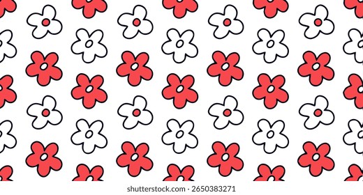 A repeating pattern of stylized, simple flowers with red and white petals and black outlines, set against a bright white backdrop.