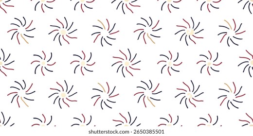 A repeating pattern of stylized starbursts or pinwheels, featuring curved lines in navy, red, and tan radiating from a central dot on a white backdrop.