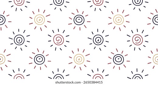A repeating pattern of stylized suns with spiral centers and radiating lines in navy, maroon, and gold on a clean white background.